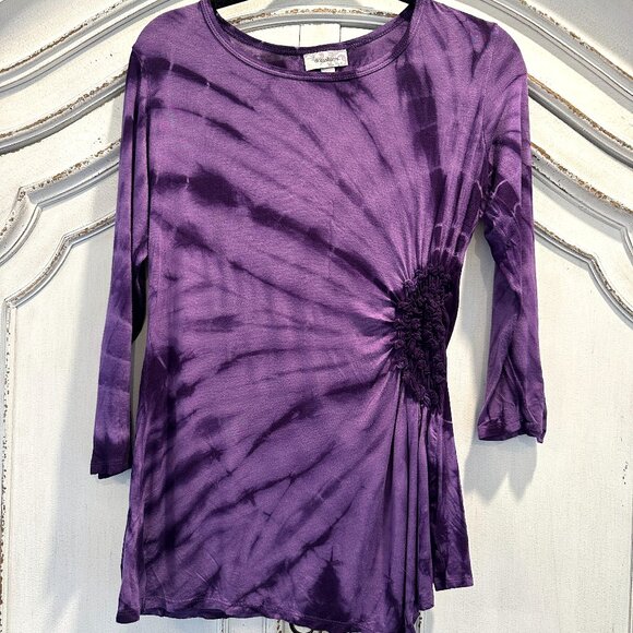 Vintage Tops - Women's Purple Tie-Dye 3/4 Sleeve Side Ruched Top Size Sm